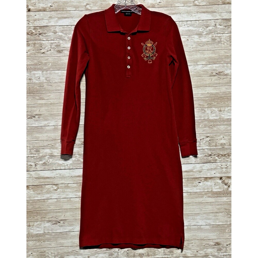 Ralph Lauren Sport Polo Dress Womens S Red Crest Long Sleeve Casual Wear